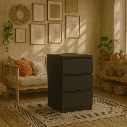 Budapest Matt Black Wooden Bedside Table 3 Drawers