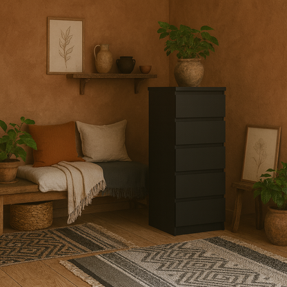 Budapest Matt Black Wooden Narrow Chest 5 Drawers