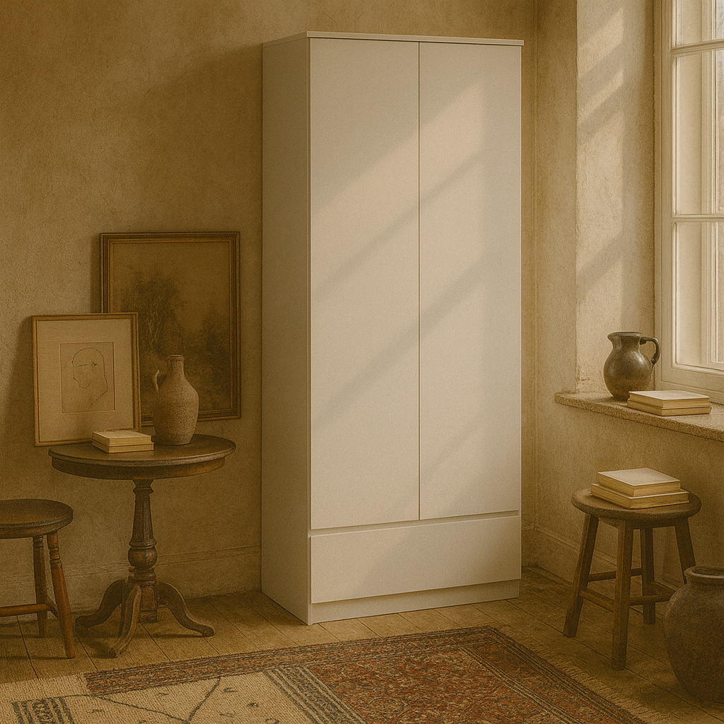 Budapest White Wooden Wardrobe 2 Doors 1 Drawer