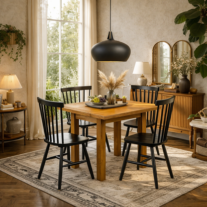 Hobart Compact Dining Set Natural Oak Effect Extending Dining Table + 4 Dining Chairs in Black