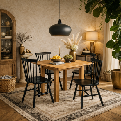 Hobart Compact Dining Set Natural Oak Effect Extending Dining Table + 4 Dining Chairs in Black