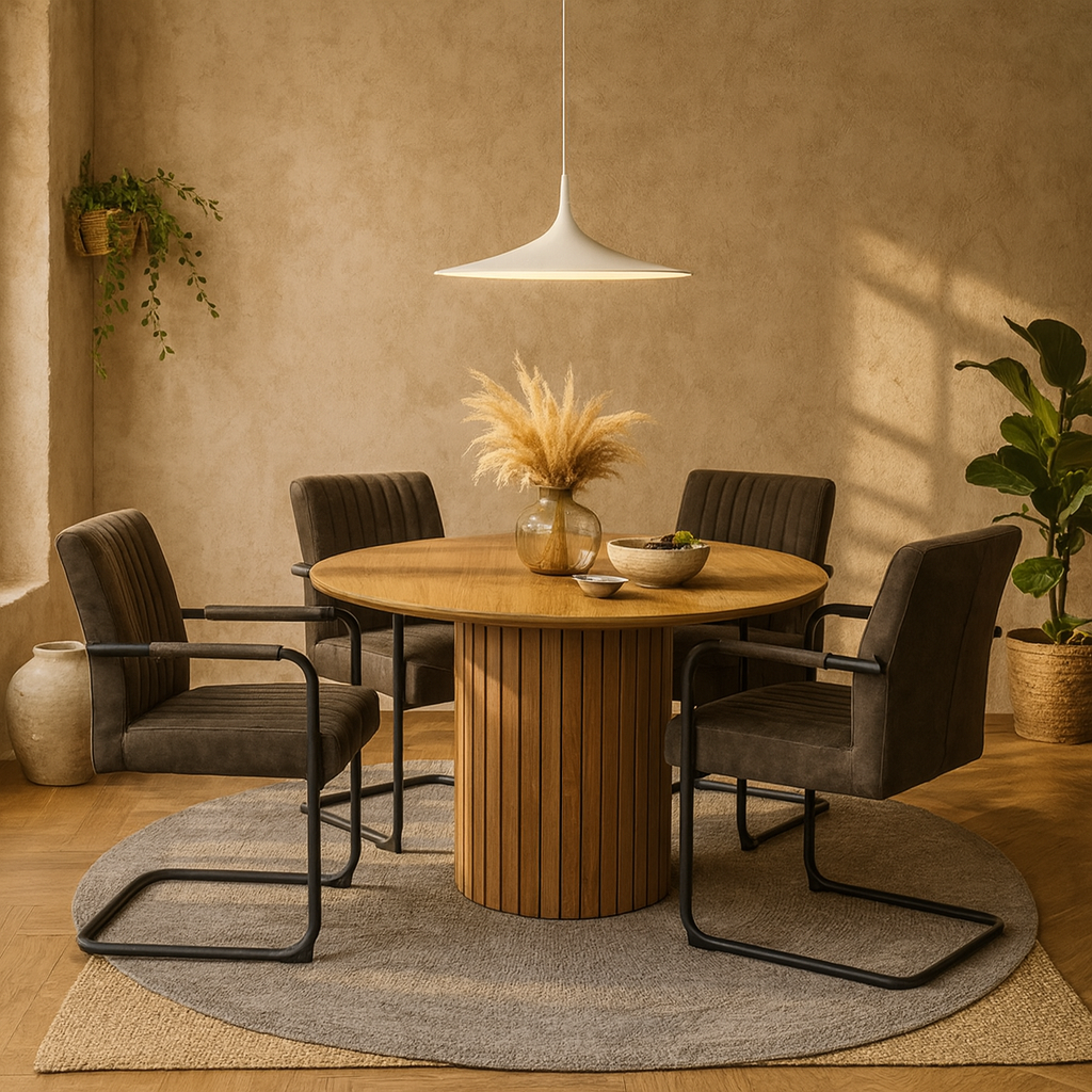 Rome Dining Set Round Wild Oak Effect Dining Table + 4 Grey Fabric Dining Chairs