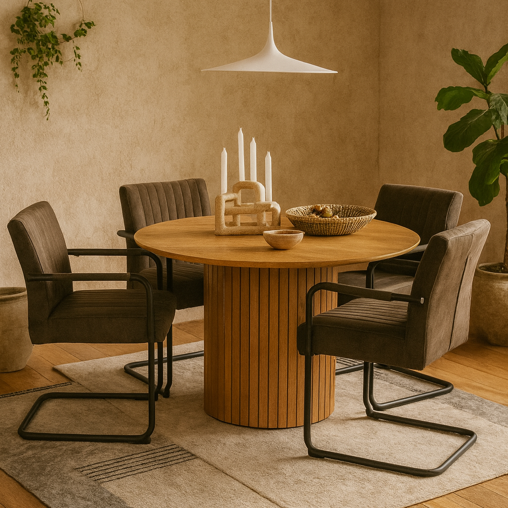 Rome Dining Set Round Wild Oak Effect Dining Table + 4 Grey Fabric Dining Chairs