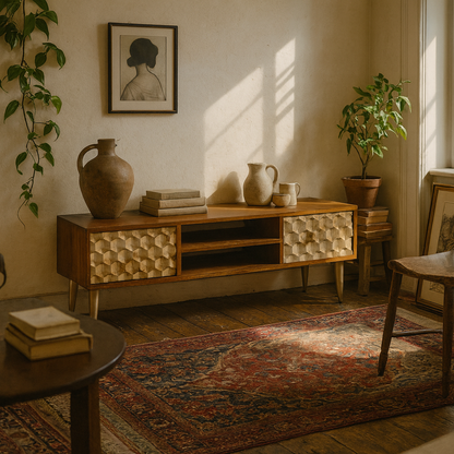 Shenzhen Mango Wood TV Stand 2 Shelves 2 Drawers Gold Geometric Pattern