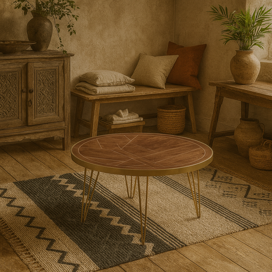 Bandung Dark Mango Wood and Gold Round Dining Table