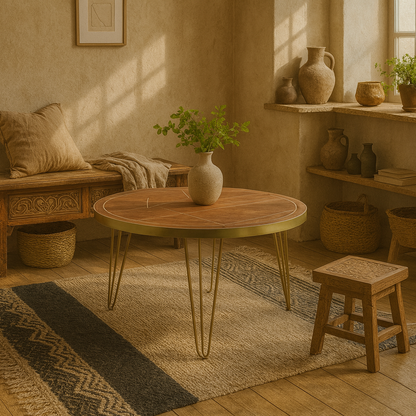 Bandung Dark Mango Wood and Gold Round Dining Table