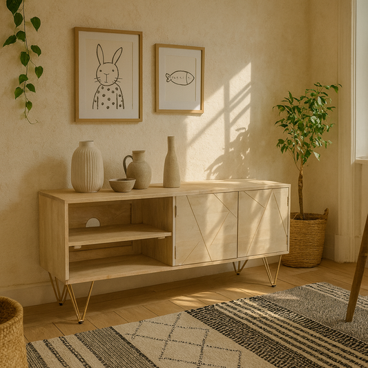 Bali Light Natural Mango Wood and Gold Modern TV Media Unit