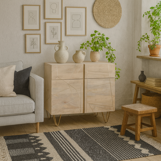 Bali Light Natural Mango Wood and Gold Sideboard 2 Drawers 2 Doors 2 Shelves