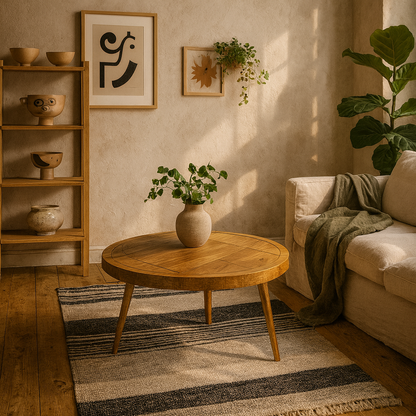 Bali Light Natural Mango Wood and Gold Round Coffee Table