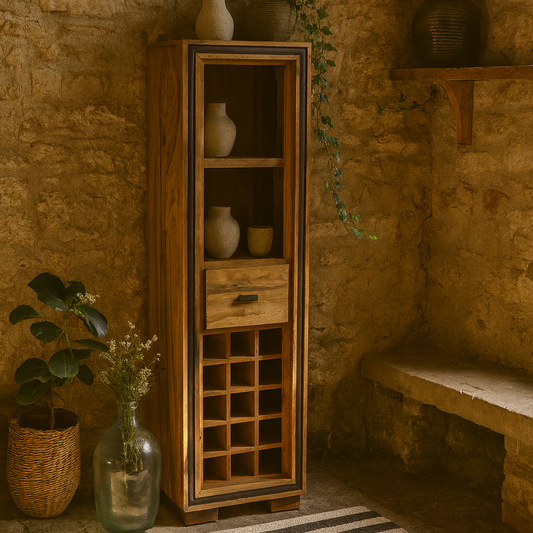 New York Sheesham Wood Wine Bookcase 1 Drawer