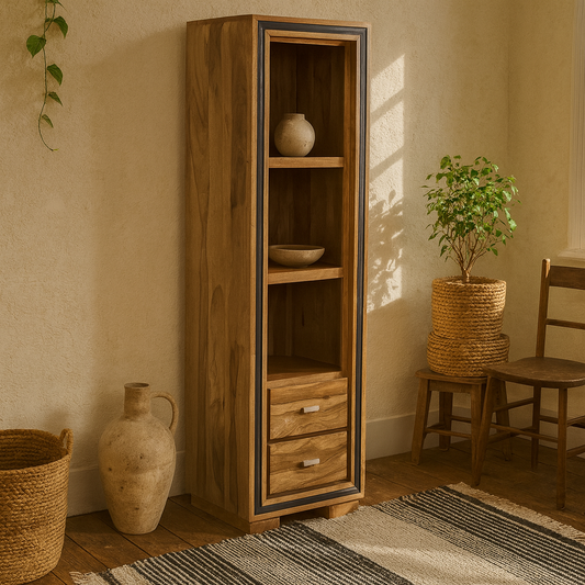 New York Sheesham Wood Slim Bookcase 3 Shelves 2 Doors