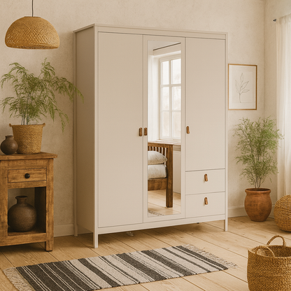 Wildberry Cashmere Wooden Mirror Wardrobe with 3 Doors 2 Drawers Leather Handles