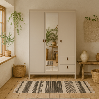 Wildberry Cashmere Wooden Mirror Wardrobe with 3 Doors 2 Drawers Leather Handles