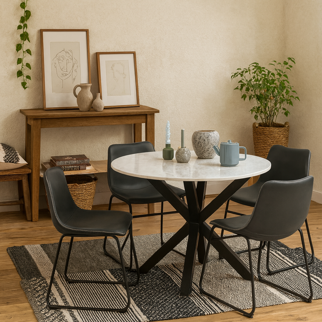 Perth Dining Set 4 Seater White Marble and Black Dining Table + 4 Black Dining Chairs