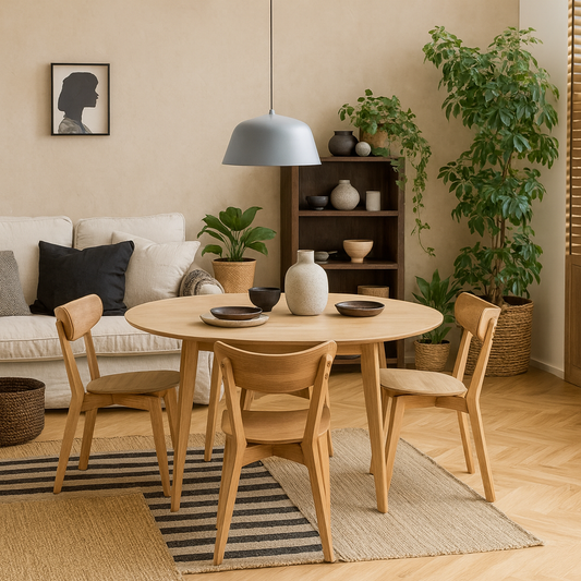 Krakow Kitchen Dining Set Natural Oak Effect Wood Round Dining Table + 4 Dining Chairs