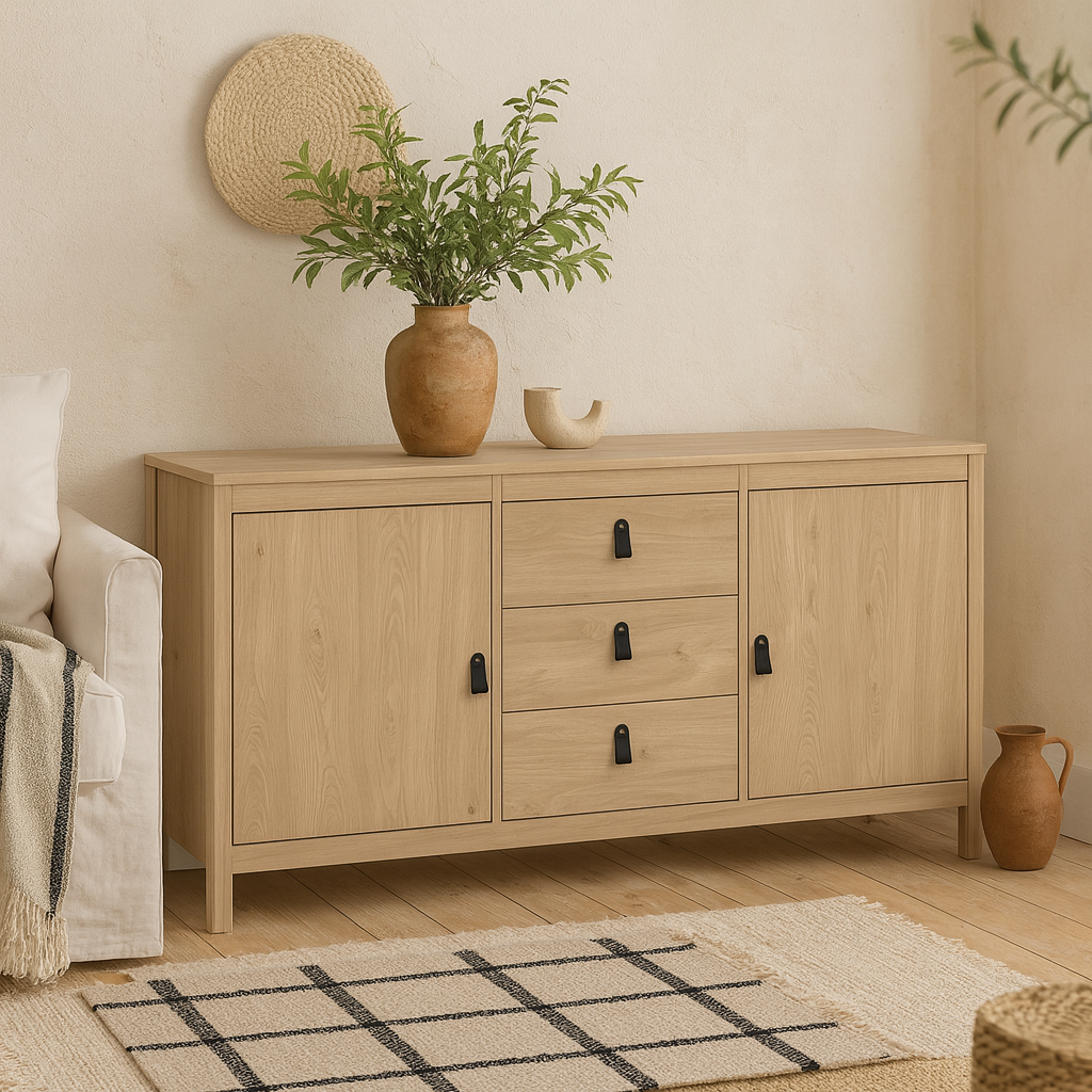 Wildberry Natural Oak Wood Sideboard 2 Doors 3 Drawers