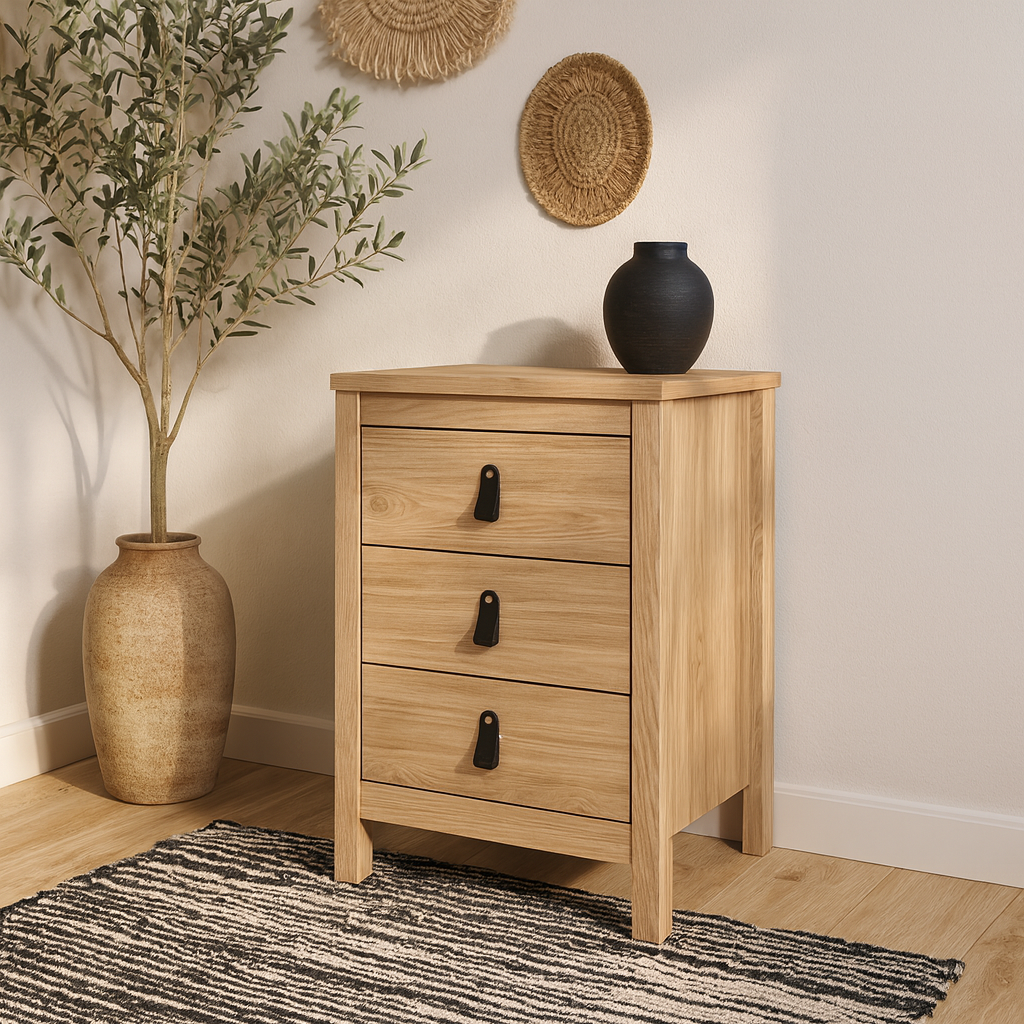 Wildberry Natural Oak Wood Bedside Table 3 Drawers