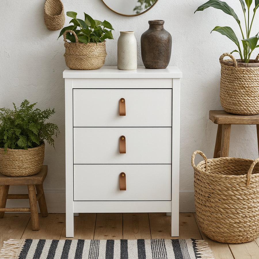 Wildberry Matt White Bedside Table 3 Drawers Leather Handles