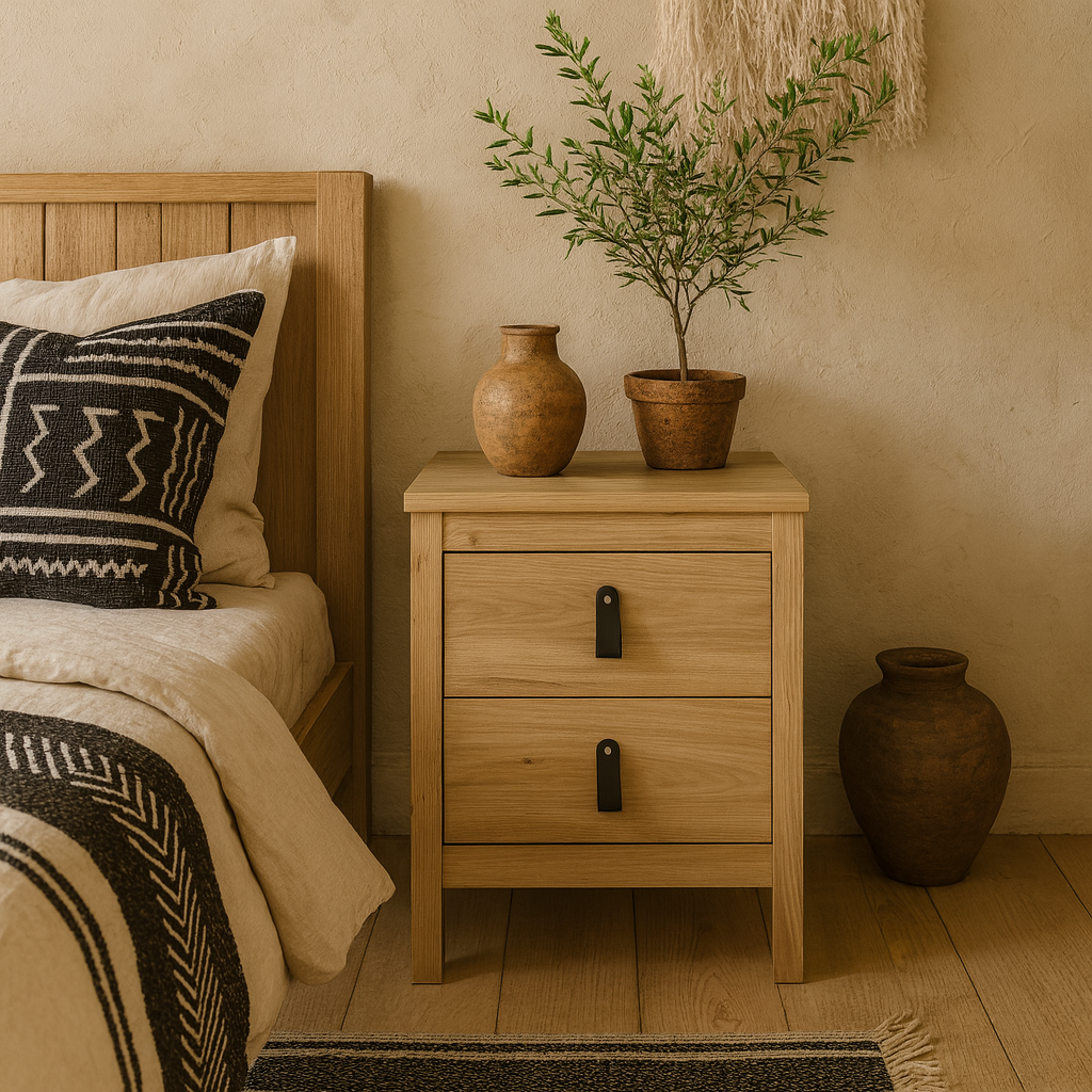 Wildberry Natural Oak Wood Bedside Table 2 Drawers Leather Handles