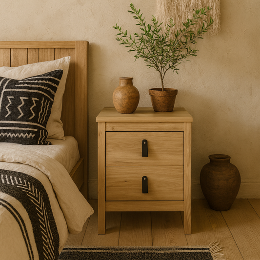 Wildberry Natural Oak Wood Bedside Table 2 Drawers Leather Handles
