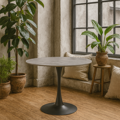 Cloverfern Grey Ceramic Round Dining Table Black Metal Base