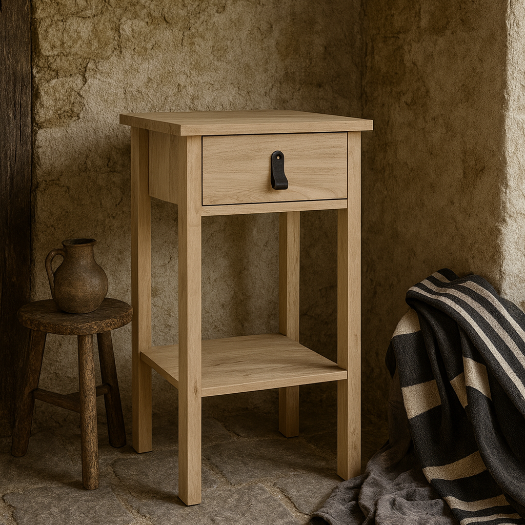 Wildberry Natural Oak Wood Bedside Table 1 Drawer Leather Handle