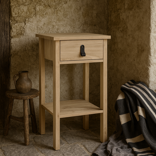 Wildberry Natural Oak Wood Bedside Table 1 Drawer Leather Handle