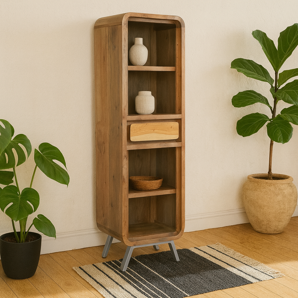 Los Angeles Reclaimed Wood and Metal Narrow Bookcase 1 Drawer 2 Shelves