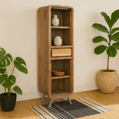 Los Angeles Reclaimed Wood and Metal Narrow Bookcase 1 Drawer 2 Shelves