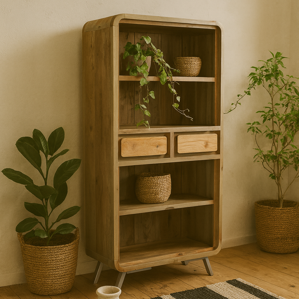 Los Angeles Large Reclaimed Wood and Metal Bookcase 2 Drawers 2 Shelves