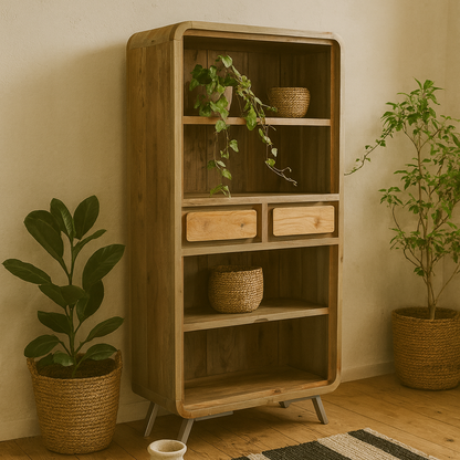 Los Angeles Large Reclaimed Wood and Metal Bookcase 2 Drawers 2 Shelves