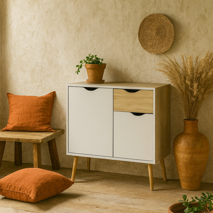 Sapporo White and Natural Oak Small Sideboard 1 Drawer 2 Doors