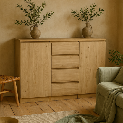 Budapest Natural Oak Effect Wood Sideboard 4 Drawers 2 Doors