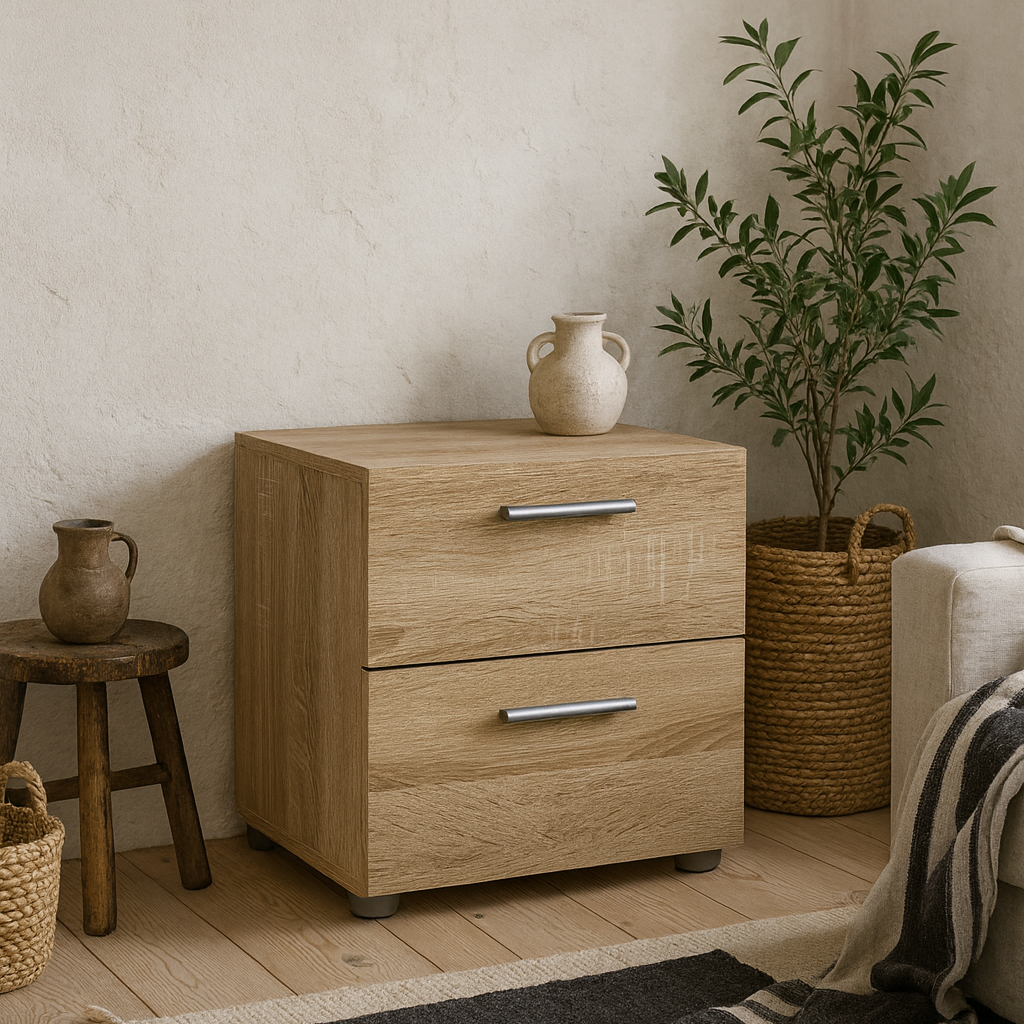 Daejeon Natural Oak Effect Wood Bedside Table 2 Drawers