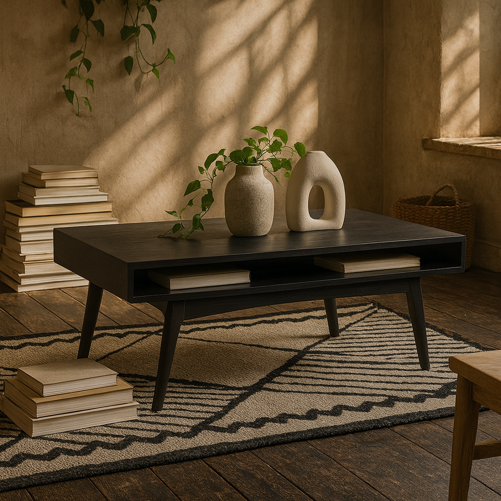 Mossbloom Industrial Black Coffee Table Open Shelf