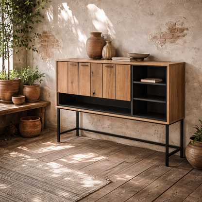 Nightbloom Grey and Oak Effect Wood Panelled Bar Cabinet 1 Door 3 Shelves