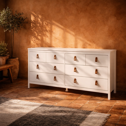 Wildberry Matt White Wooden Double Dresser 8 Drawers Leather Handles