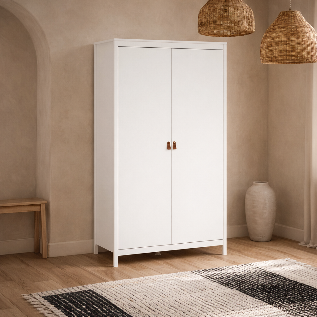 Wildberry Matt White Wardrobe with 2 Doors Leather Handles