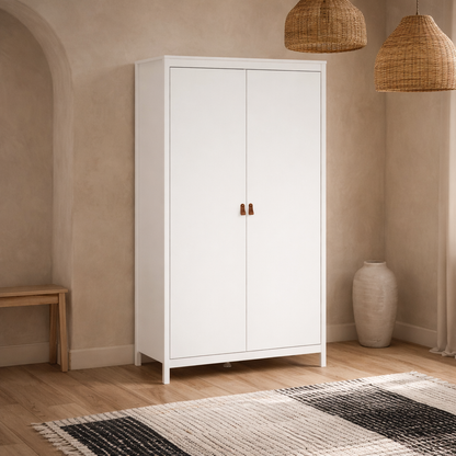 Wildberry Matt White Wardrobe with 2 Doors Leather Handles