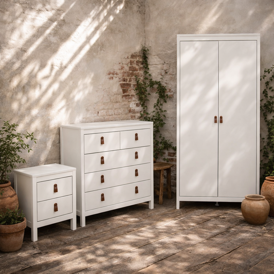 Wildberry 3 Piece Matt White Bedroom Furniture Set Leather Handles