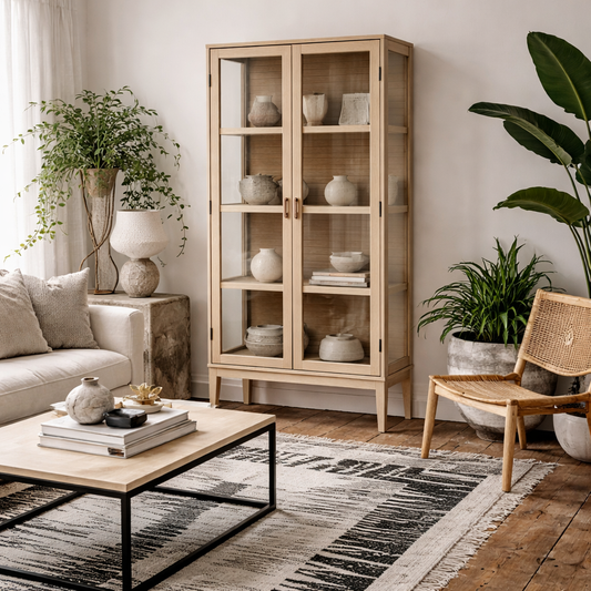 Nakskov White Oak Wood Panelled Display Cabinet 2 Glass Doors