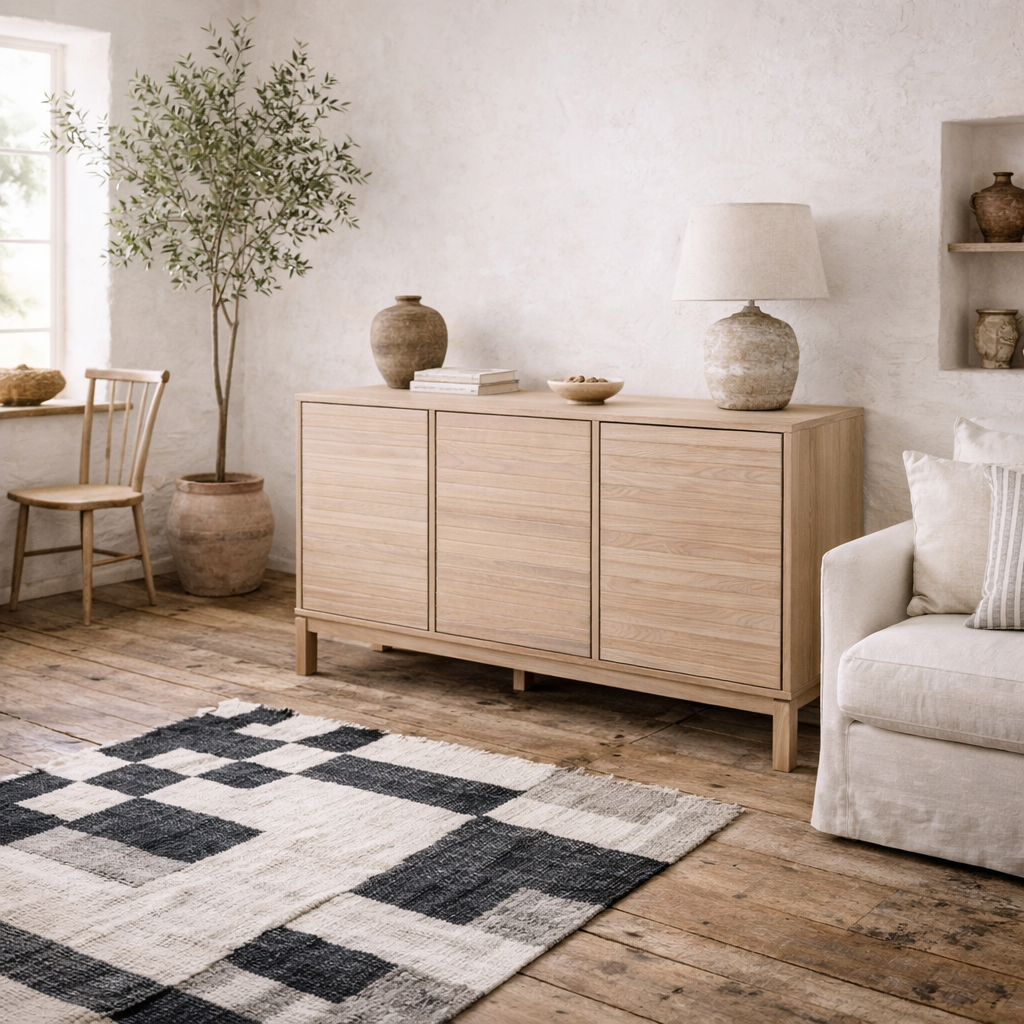 Nakskov White Oak Wood Panelled 3 Door Sideboard in White Oak