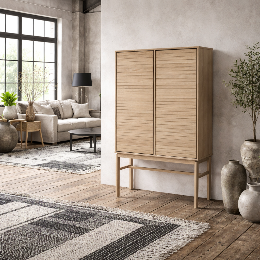 Nakskov White Oak Wood Panelled Cabinet 2 Doors 4 Shelves