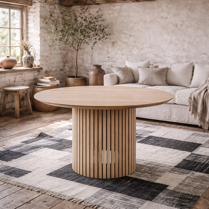 Nakskov White Oak Wood Round Dining Table Panelled Base