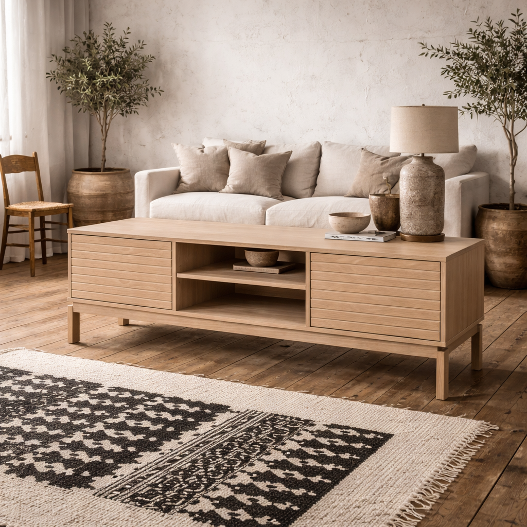 Nakskov White Oak Wood Panelled 2 Door TV Unit