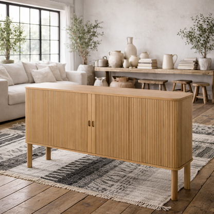 Copenhagen Natural Oak Wooden Etched Sideboard 2 Tambour Doors