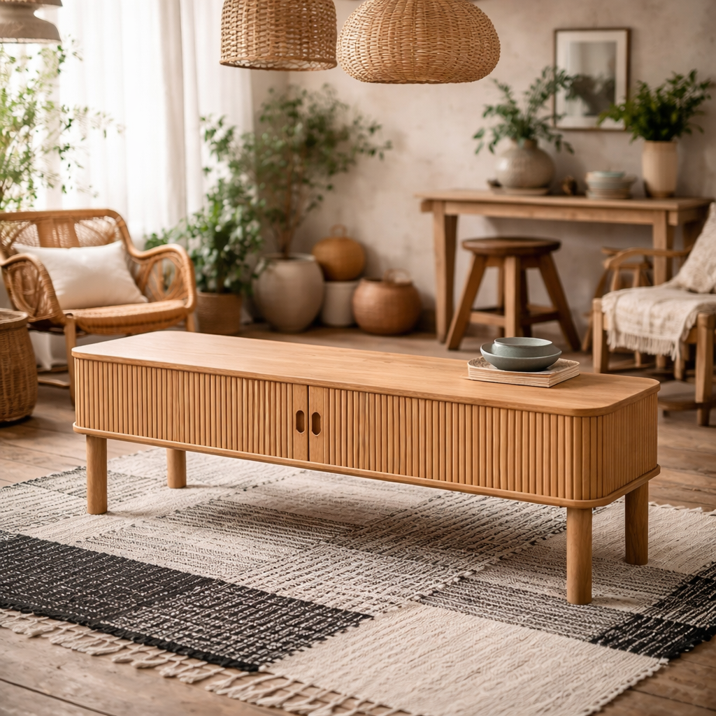 Copenhagen Natural Oak Wood Etched TV Unit 2 Tambour Doors