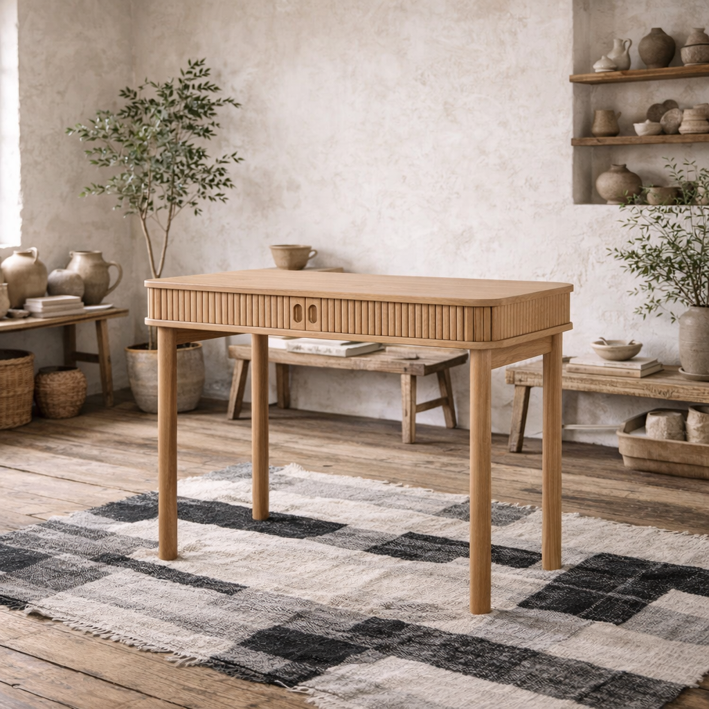 Copenhagen Natural Oak Wood Etched Office Desk 2 Tambour Doors