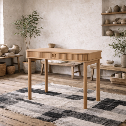 Copenhagen Natural Oak Wood Etched Office Desk 2 Tambour Doors