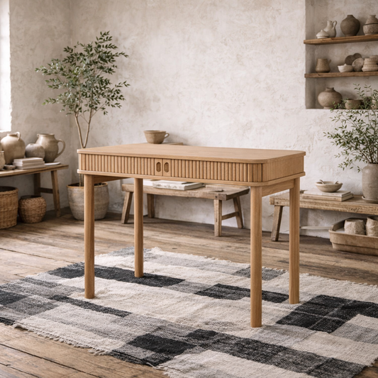 Copenhagen Natural Oak Wood Etched Office Desk 2 Tambour Doors